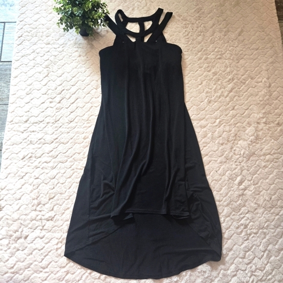 Cupio Black Lattice Hi-Lo Jersey Summer Beach Vacation Built-in Bra Dress, Small - Picture 2 of 10